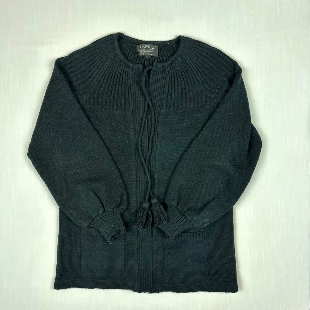 Vintage Knitivo Black Tassel Tie Front Cardigan Sweater Ribbed Yoke Medium